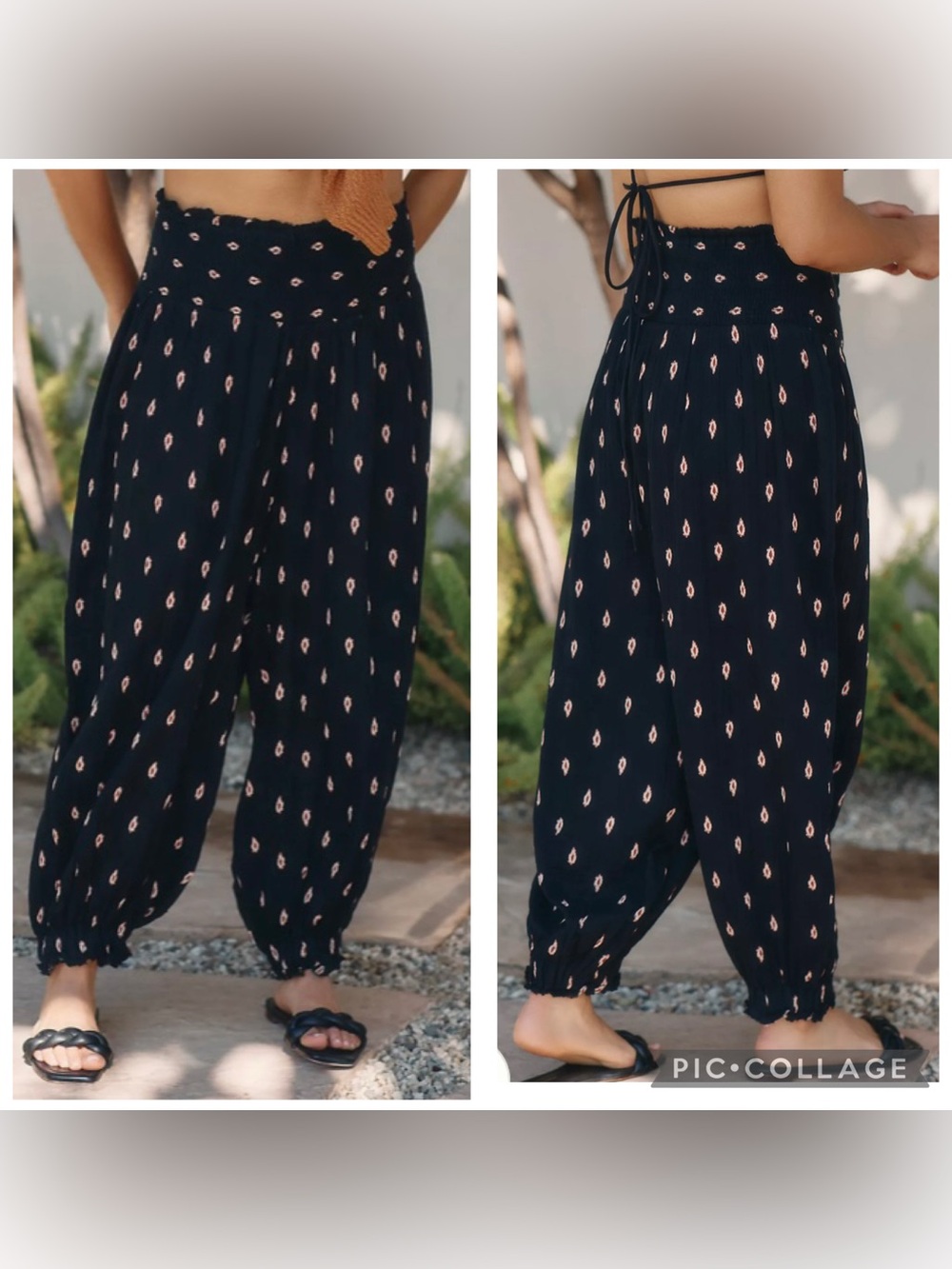 BY ANTHROPOLOGIE Women’s Black Geo Print Smocked Cotton Gauze Harem Pants Sz XS